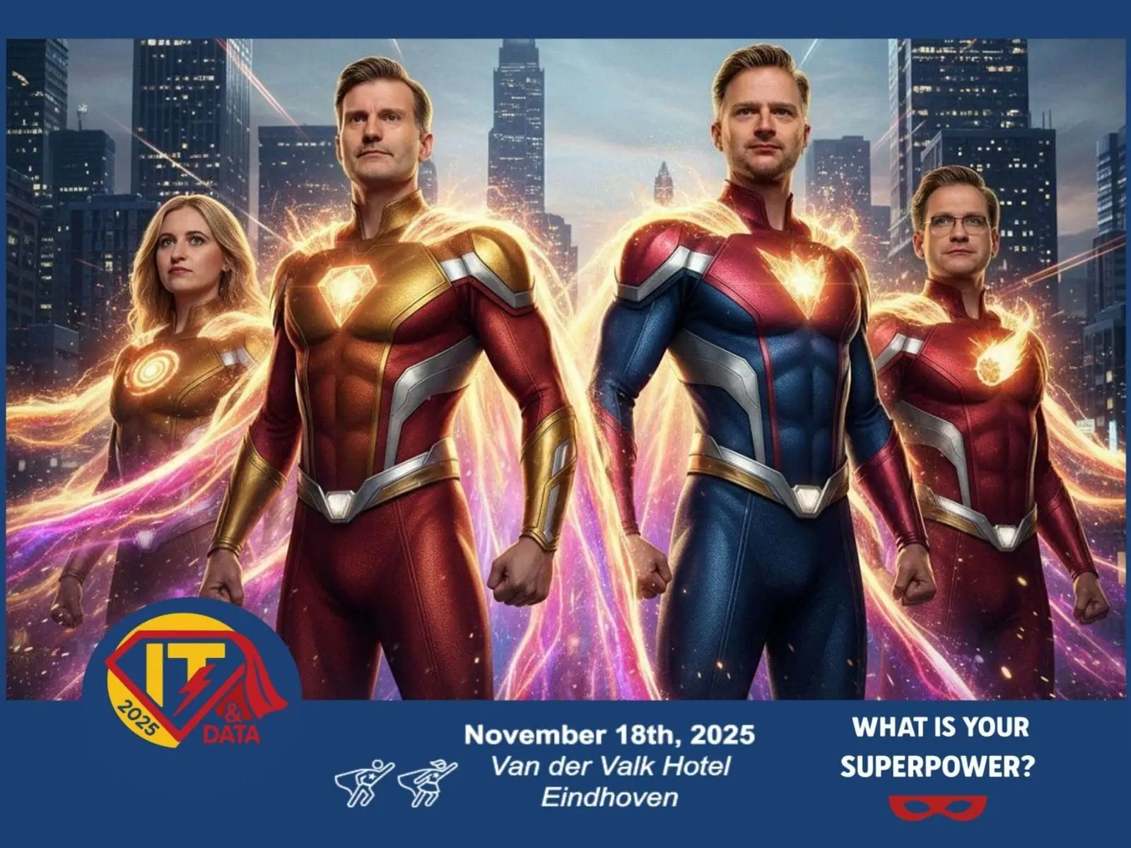AI-foto van vier collega&rsquo;s als superhelden, met de branding van het event
